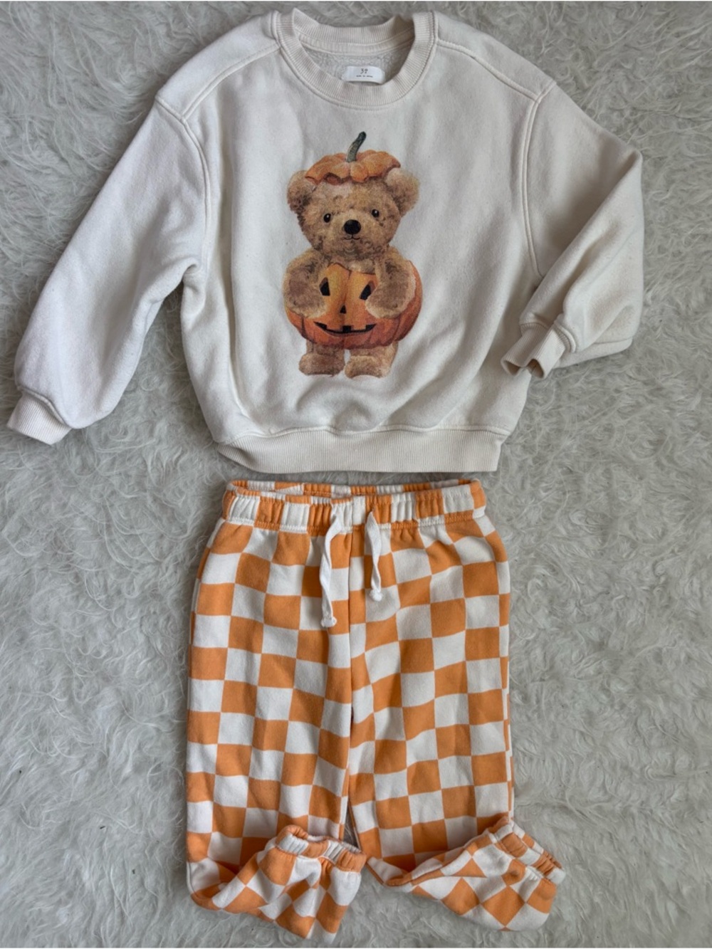 Gender Neutral Kids Festive Pumpkin Bear Cozy Sweatshirt & Jogger Set
